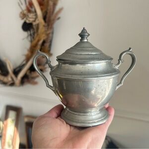 Antique French Pewter Tureen/Sugar Bowl With Lid Colonial Cottagecore